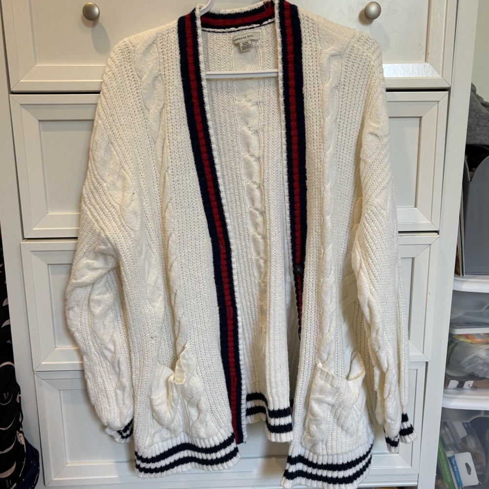 American Eagle Outfitters Cream Cardigan with Navy and Red Accents